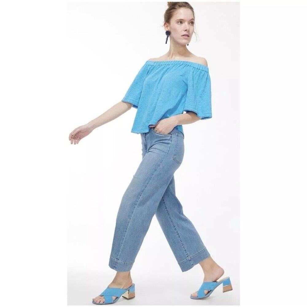 Chicos Linen Off the Shoulder Top Women’s Size 3 (XL) Blue Pom Pom Trim NEW